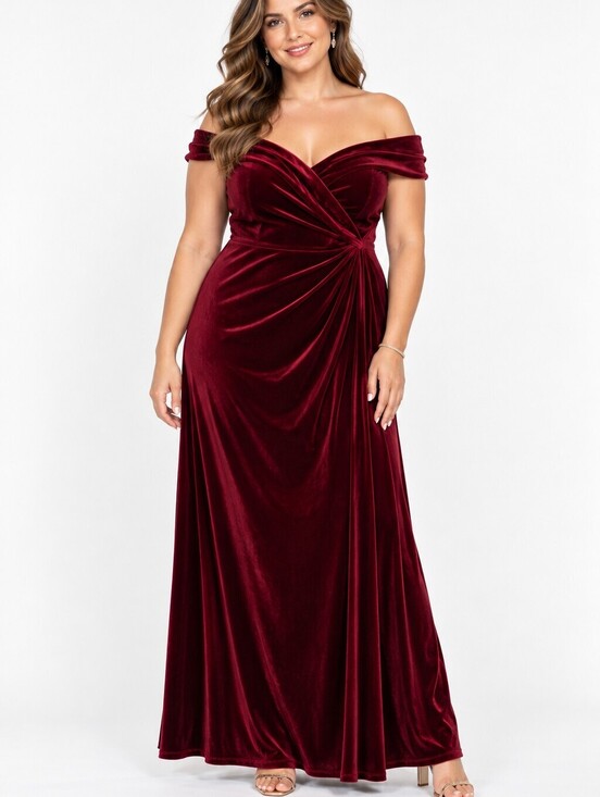 Xscape Dresses & Skirts - Vintage 90s Xscape 22W Burgundy Red Velvet Off Shoulder Full Length Evening Gown